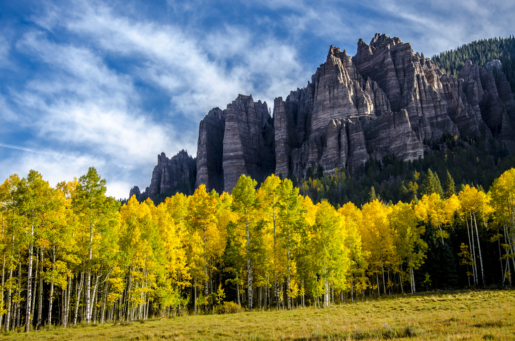 fall with yellow aspens near the entrance to Silver Jack Reservoir