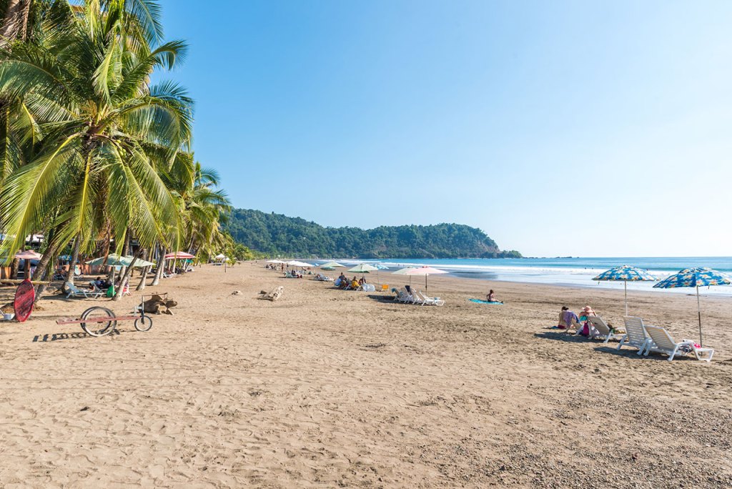 lounge chairs and striped umbrellas lining the calm, beachy coast on a sunny day