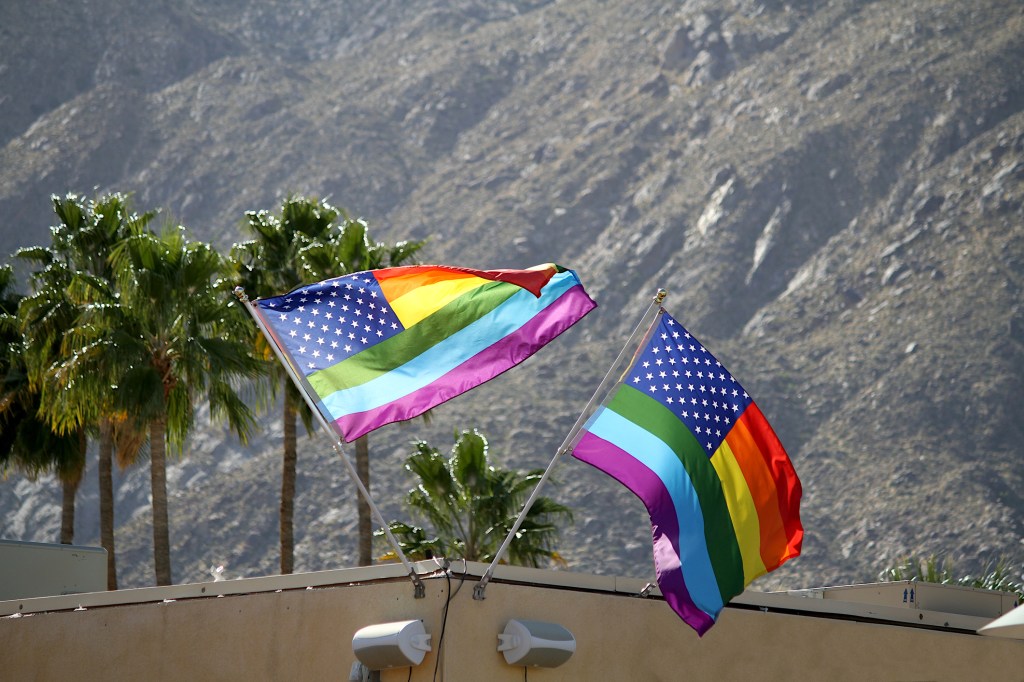 Gay pride flags on Arenas Street in Palm Springs, California