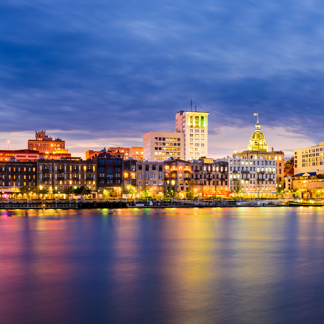 downtown Savannah lights reflecting on the water