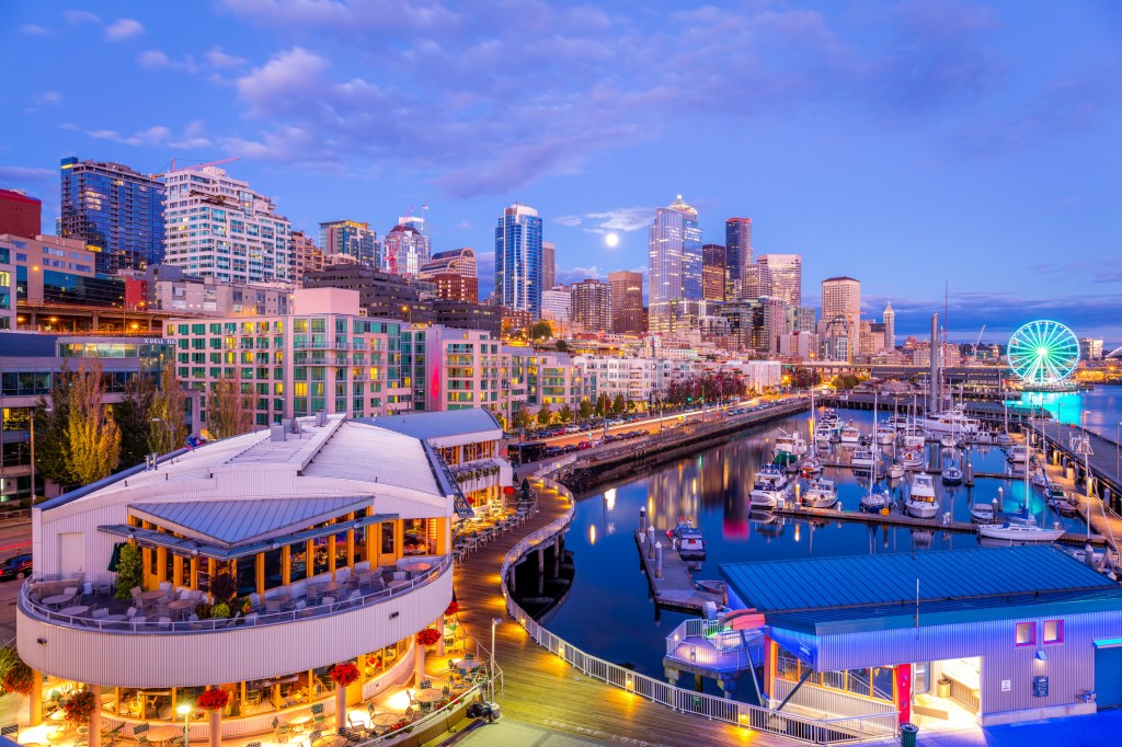View of the Seattle waterfront at sunset.
