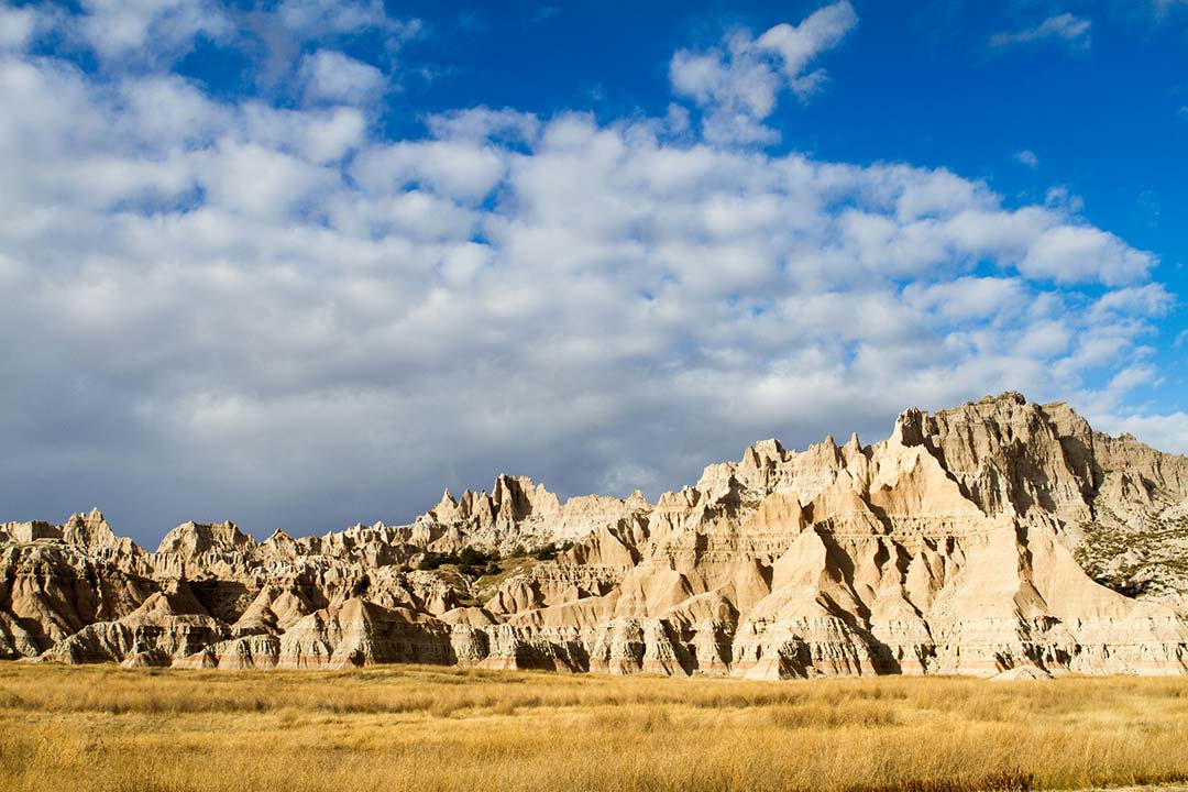 Rock formations near the Ben Reifel Visitor Center in Badlands National Park.