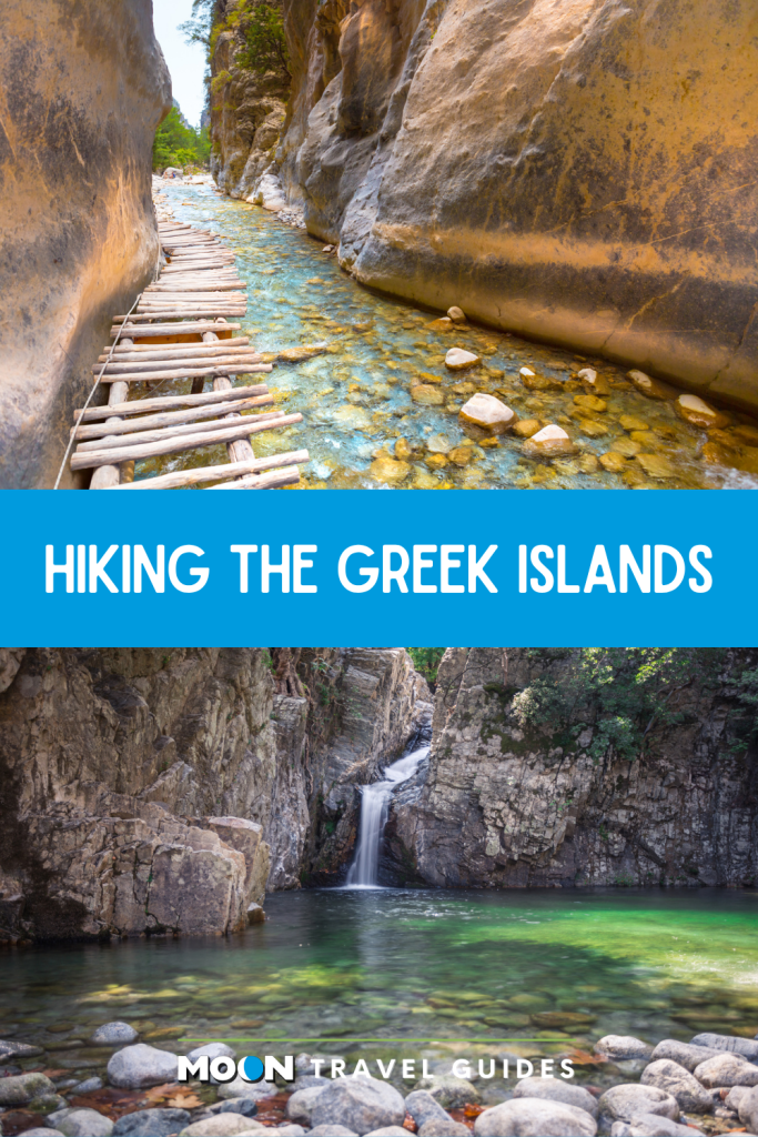 Image of hiking path through gorge and image of waterfall with text Hiking the Greek Islands