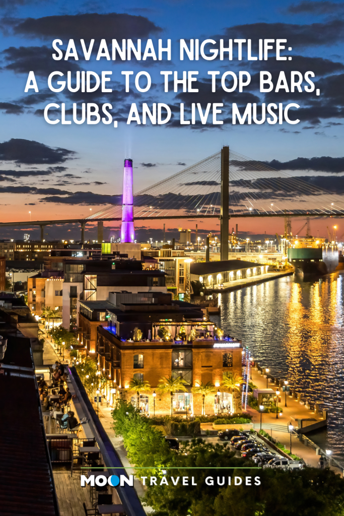 Savannah skyline as the sun sets and the streetlights glow along the cobblestone. Pinterest graphic with article titles text at the top.